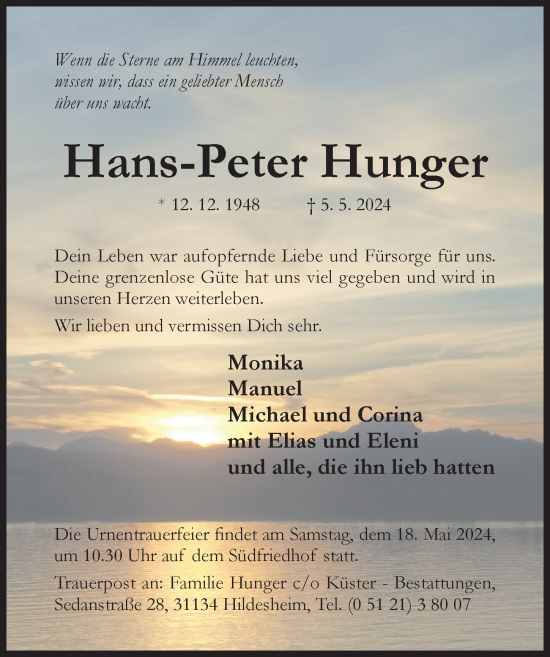 Traueranzeige von Hans-Peter Hunger von Hildesheimer Allgemeine Zeitung