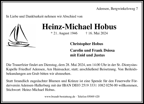 Traueranzeige von Heinz-Michael Hobus von Hildesheimer Allgemeine Zeitung