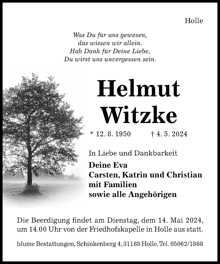  Traueranzeige für Helmut Witzke vom 08.05.2024 aus Hildesheimer Allgemeine Zeitung