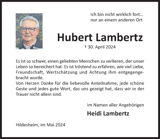 Traueranzeige von Hubert Lambertz von Hildesheimer Allgemeine Zeitung