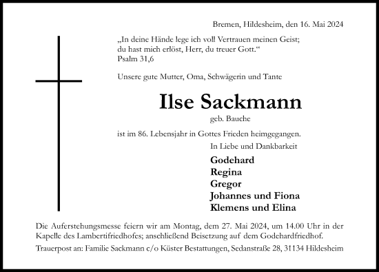 Traueranzeige von Ilse Sackmann von Hildesheimer Allgemeine Zeitung