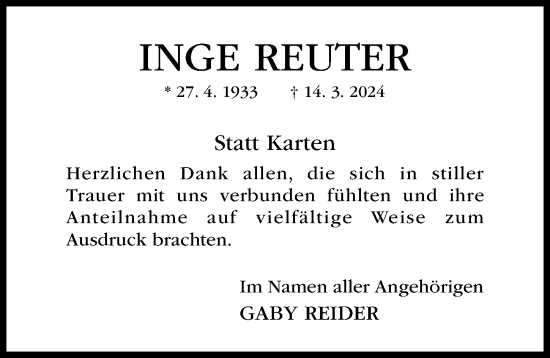 Traueranzeige von Inge Reuter von Hildesheimer Allgemeine Zeitung