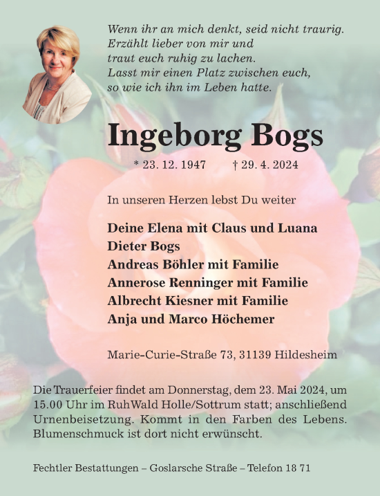 Traueranzeige von Ingeborg Bogs von Hildesheimer Allgemeine Zeitung
