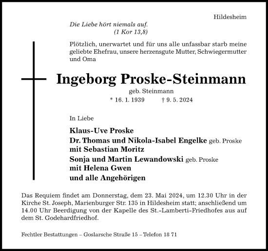 Traueranzeige von Ingeborg Proske-Steinmann von Hildesheimer Allgemeine Zeitung