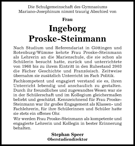 Traueranzeige von Ingeborg Proske-Steinmann von Hildesheimer Allgemeine Zeitung