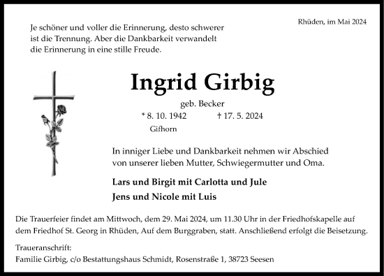 Traueranzeige von Ingrid Girbig von Hildesheimer Allgemeine Zeitung