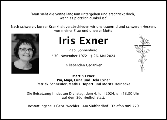 Traueranzeige von Iris Exner von Hildesheimer Allgemeine Zeitung