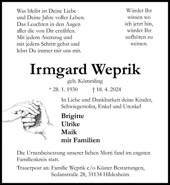 Traueranzeige von Irmgard Weprik von Hildesheimer Allgemeine Zeitung