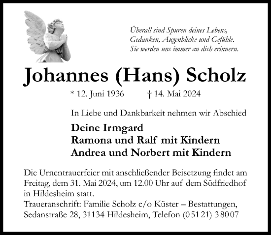 Traueranzeige von Johannes Scholz von Hildesheimer Allgemeine Zeitung