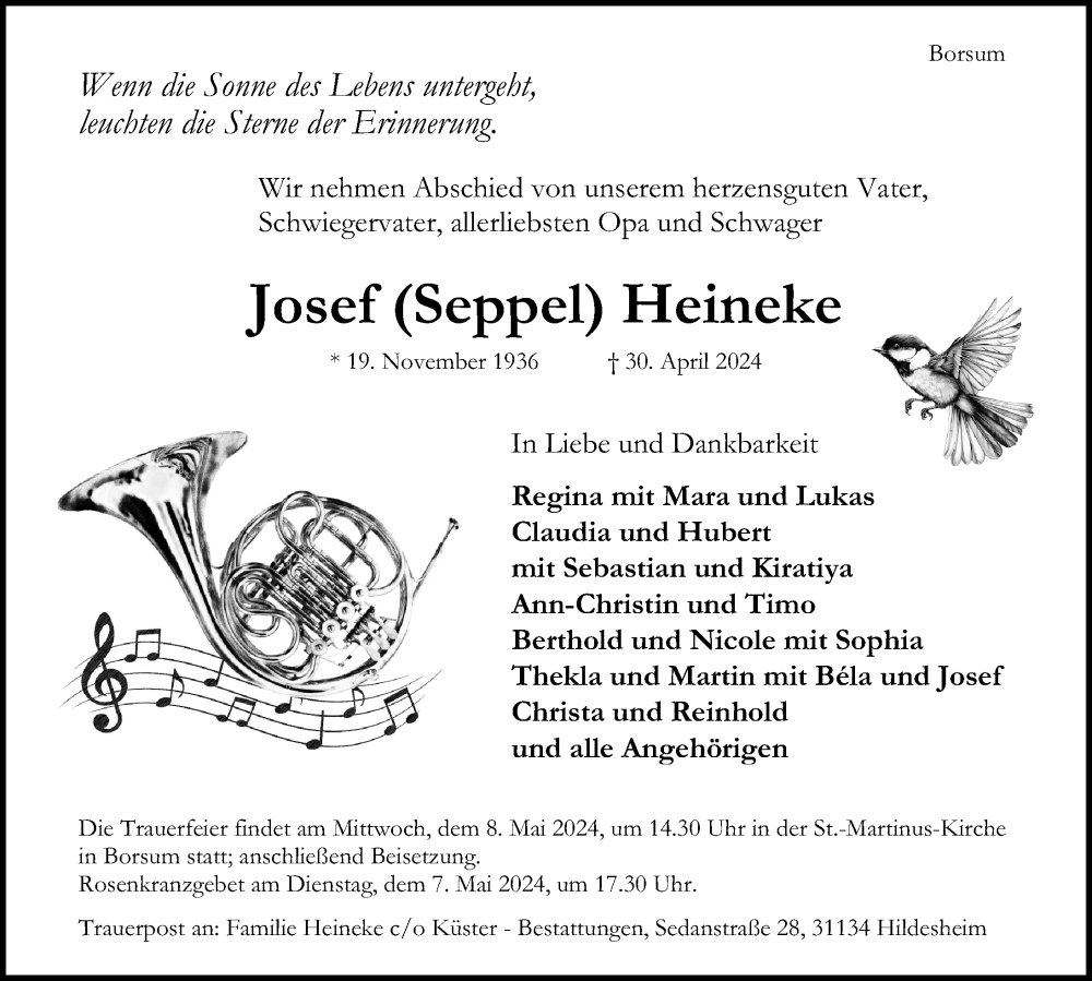  Traueranzeige für Josef Heineke vom 04.05.2024 aus Hildesheimer Allgemeine Zeitung