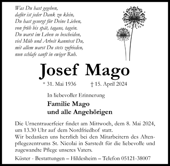 Traueranzeige von Josef Mago von Hildesheimer Allgemeine Zeitung