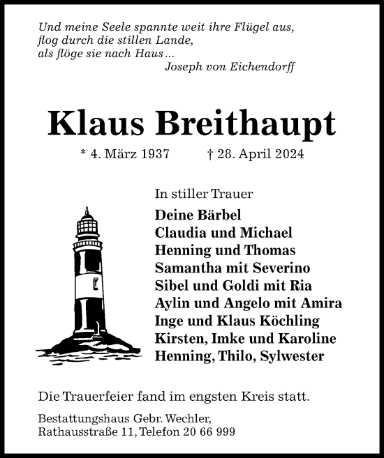 Traueranzeige von Klaus Breithaupt von Hildesheimer Allgemeine Zeitung