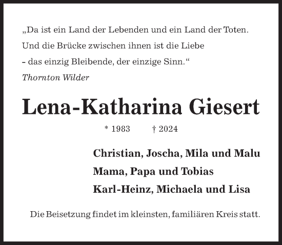 Traueranzeige von Lena-Katharina Giesert von Hildesheimer Allgemeine Zeitung