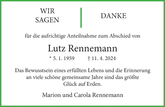 Traueranzeige von Lutz Rennemann von Hildesheimer Allgemeine Zeitung