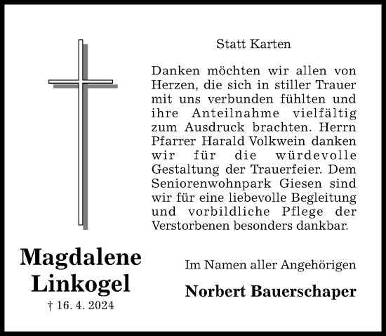 Traueranzeige von Magdalene Linkogel von Hildesheimer Allgemeine Zeitung