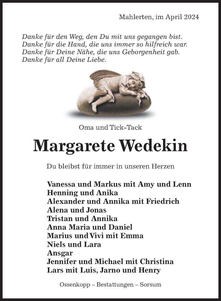  Traueranzeige für Margarete Wedekin vom 02.05.2024 aus Hildesheimer Allgemeine Zeitung