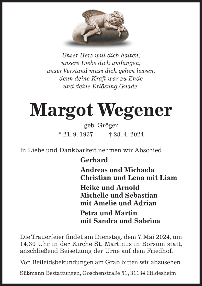  Traueranzeige für Margot Wegener vom 02.05.2024 aus Hildesheimer Allgemeine Zeitung