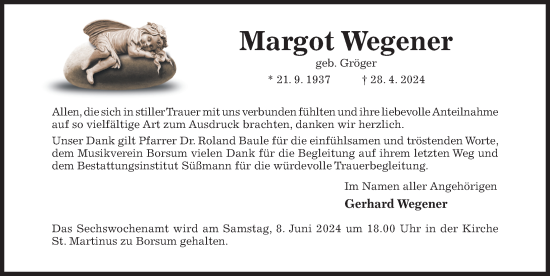 Traueranzeige von Margot Wegener von Hildesheimer Allgemeine Zeitung