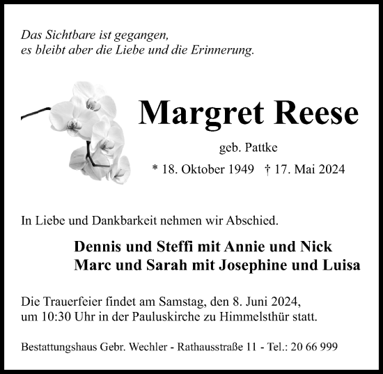 Traueranzeige von Margret Reese von Hildesheimer Allgemeine Zeitung