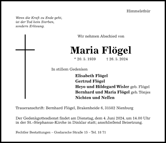 Traueranzeige von Maria Flögel von Hildesheimer Allgemeine Zeitung