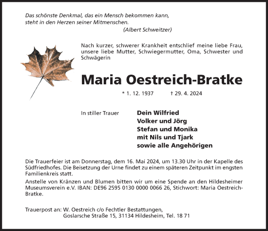 Traueranzeige von Maria Oestreich-Bratke von Hildesheimer Allgemeine Zeitung