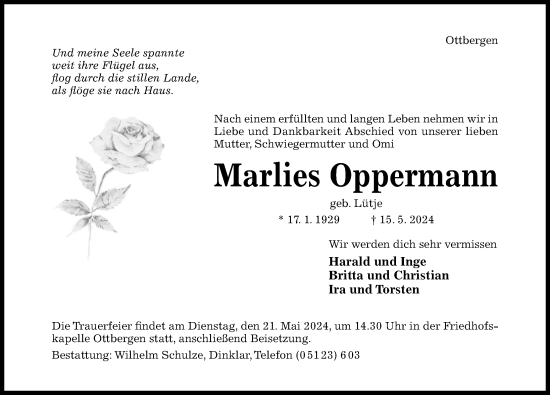 Traueranzeige von Marlies Oppermann von Hildesheimer Allgemeine Zeitung