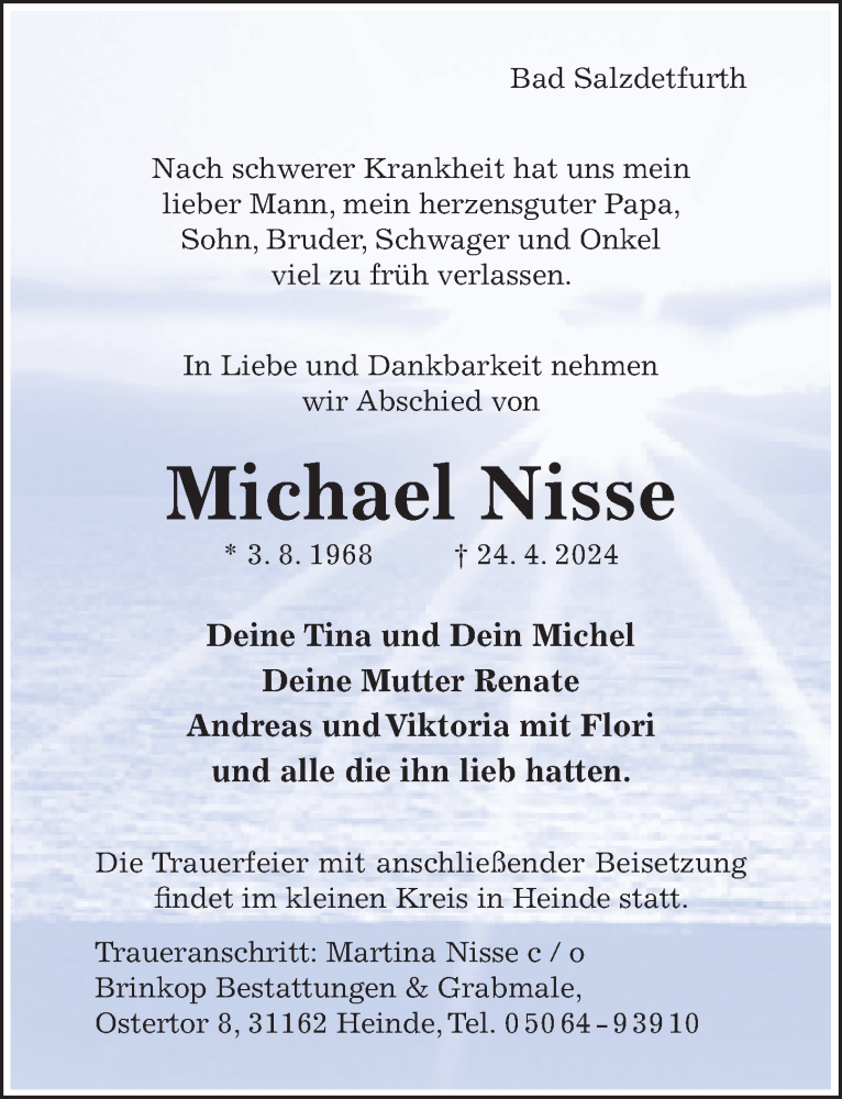  Traueranzeige für Michael Nisse vom 02.05.2024 aus Hildesheimer Allgemeine Zeitung
