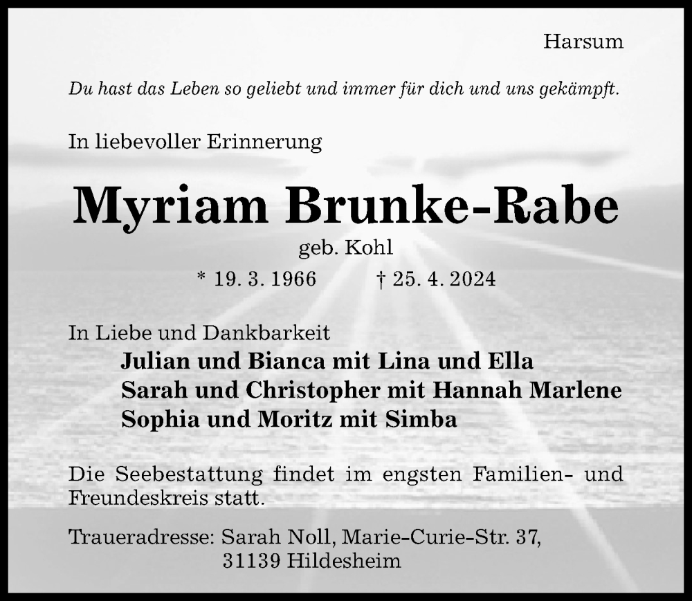  Traueranzeige für Myriam Brunke-Rabe vom 02.05.2024 aus Hildesheimer Allgemeine Zeitung