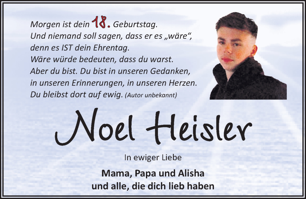  Traueranzeige für Noel Heisler vom 18.05.2024 aus Hildesheimer Allgemeine Zeitung