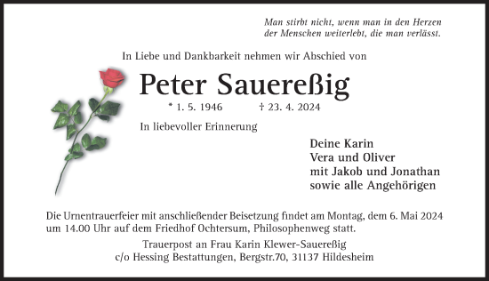 Traueranzeige von Peter Sauereßig von Hildesheimer Allgemeine Zeitung