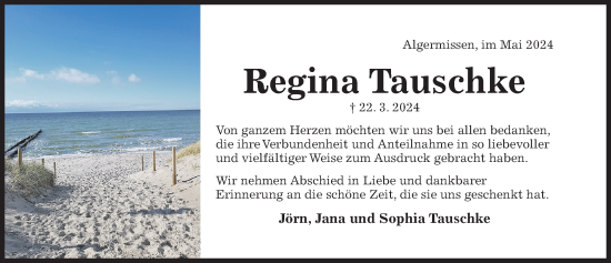 Traueranzeige von Regina Tauschke von Hildesheimer Allgemeine Zeitung