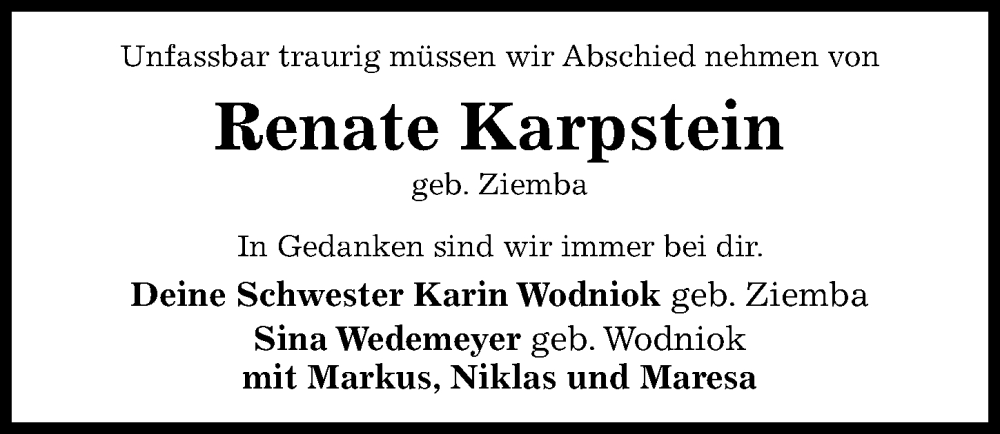  Traueranzeige für Renate Karpstein vom 29.05.2024 aus Hildesheimer Allgemeine Zeitung