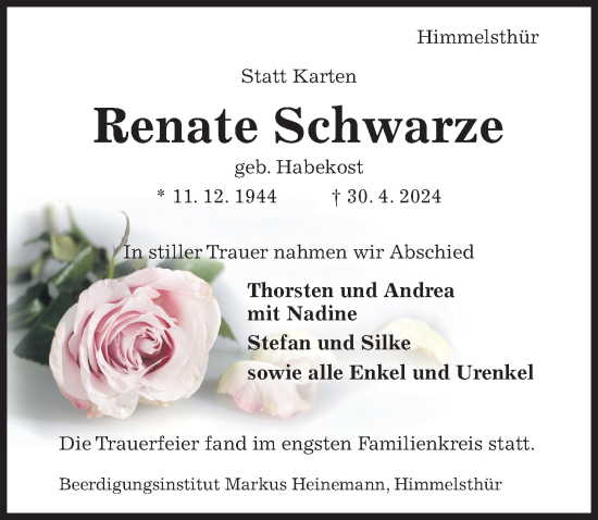 Traueranzeige von Renate Schwarze von Hildesheimer Allgemeine Zeitung