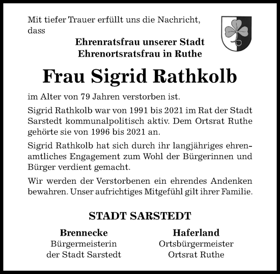 Traueranzeige von Sigrid Rathkolb von Hildesheimer Allgemeine Zeitung