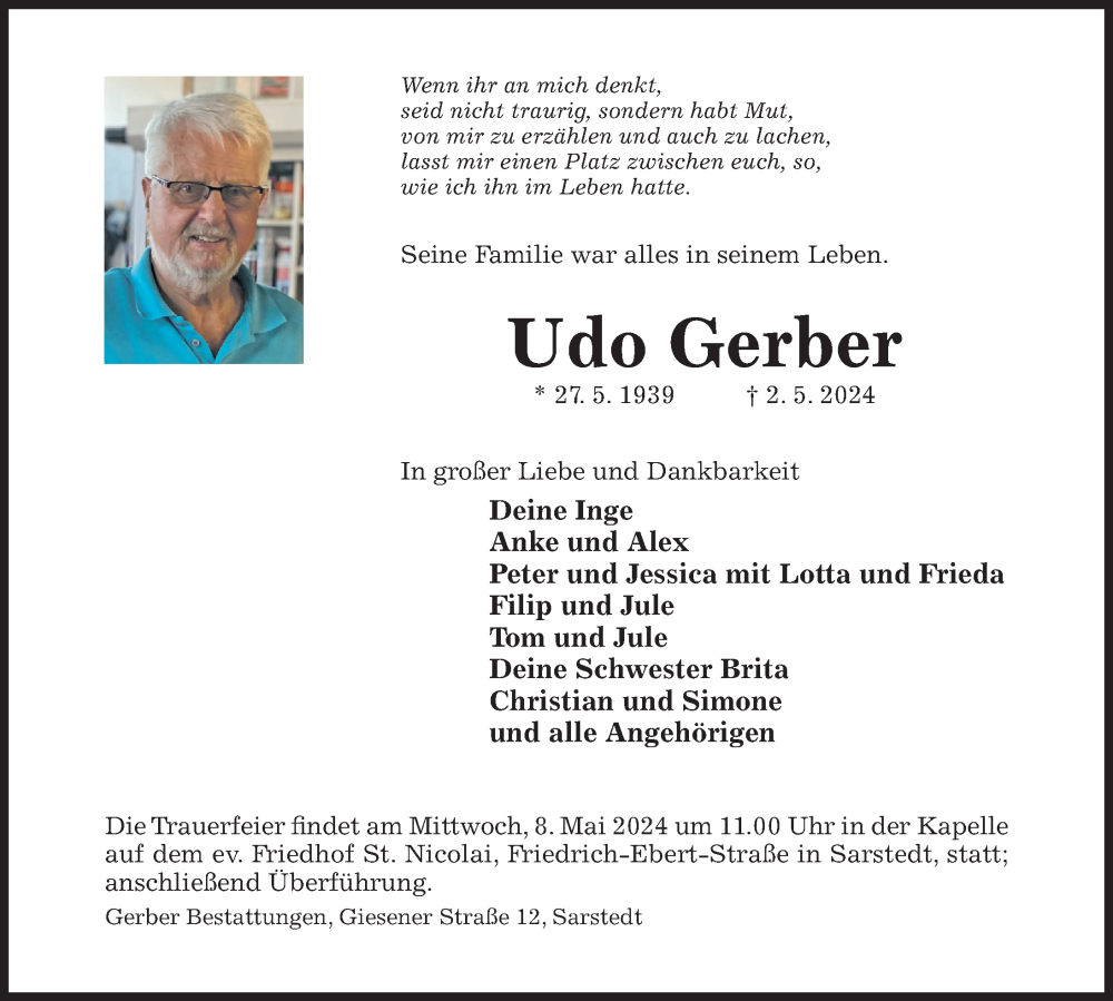  Traueranzeige für Udo Gerber vom 04.05.2024 aus Hildesheimer Allgemeine Zeitung