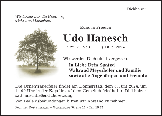 Traueranzeige von Udo Hanesch von Hildesheimer Allgemeine Zeitung