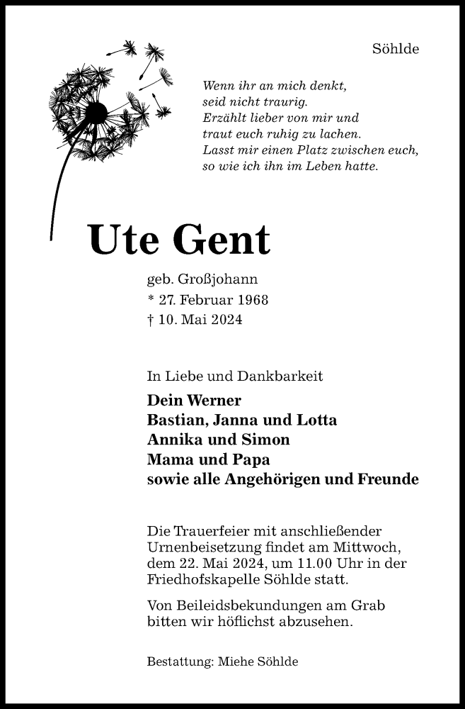  Traueranzeige für Ute Gent vom 15.05.2024 aus Hildesheimer Allgemeine Zeitung