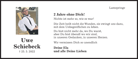 Traueranzeige von Uwe Schiebeck von Hildesheimer Allgemeine Zeitung