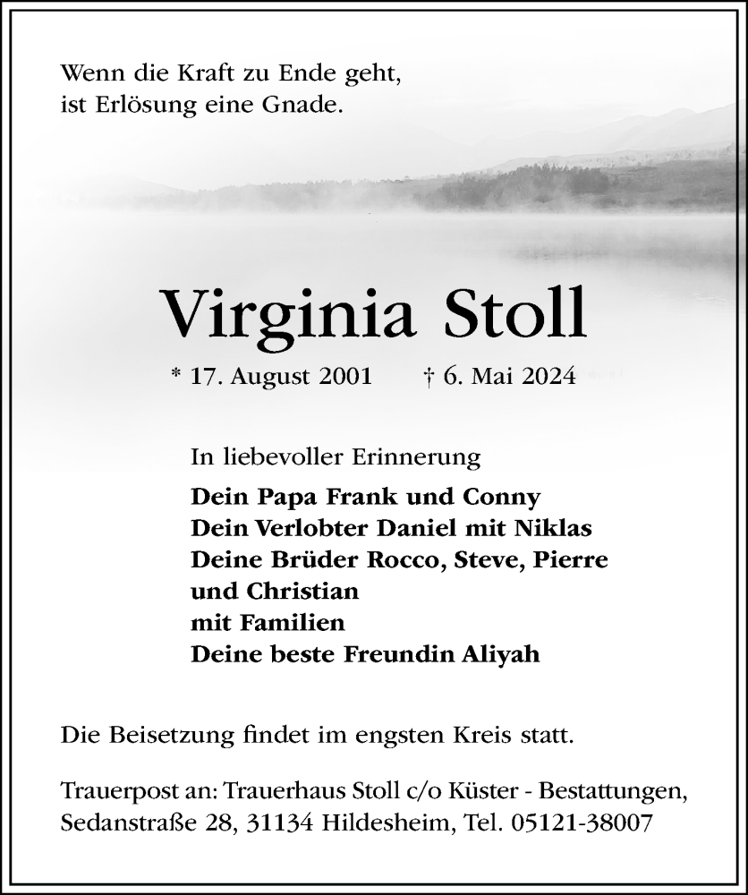  Traueranzeige für Virginia Stoll vom 08.05.2024 aus Hildesheimer Allgemeine Zeitung