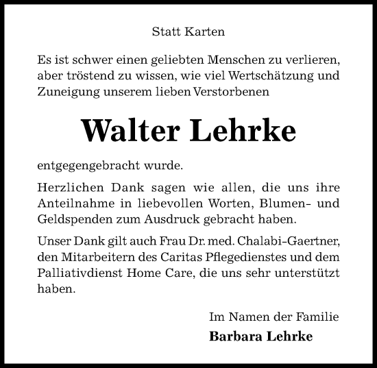 Traueranzeige von Walter Lehrke von Hildesheimer Allgemeine Zeitung