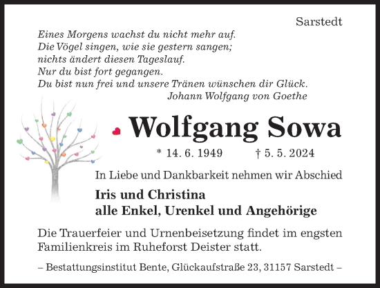 Traueranzeige von Wolfgang Sowa von Hildesheimer Allgemeine Zeitung