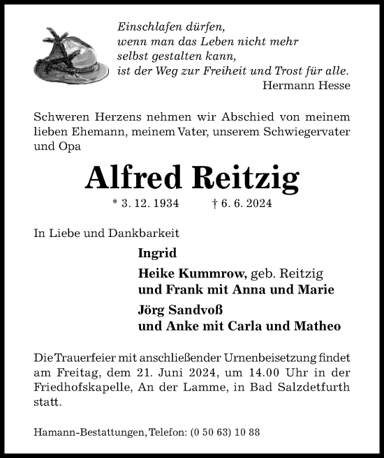 Traueranzeige von Alfred Reitzig von Hildesheimer Allgemeine Zeitung