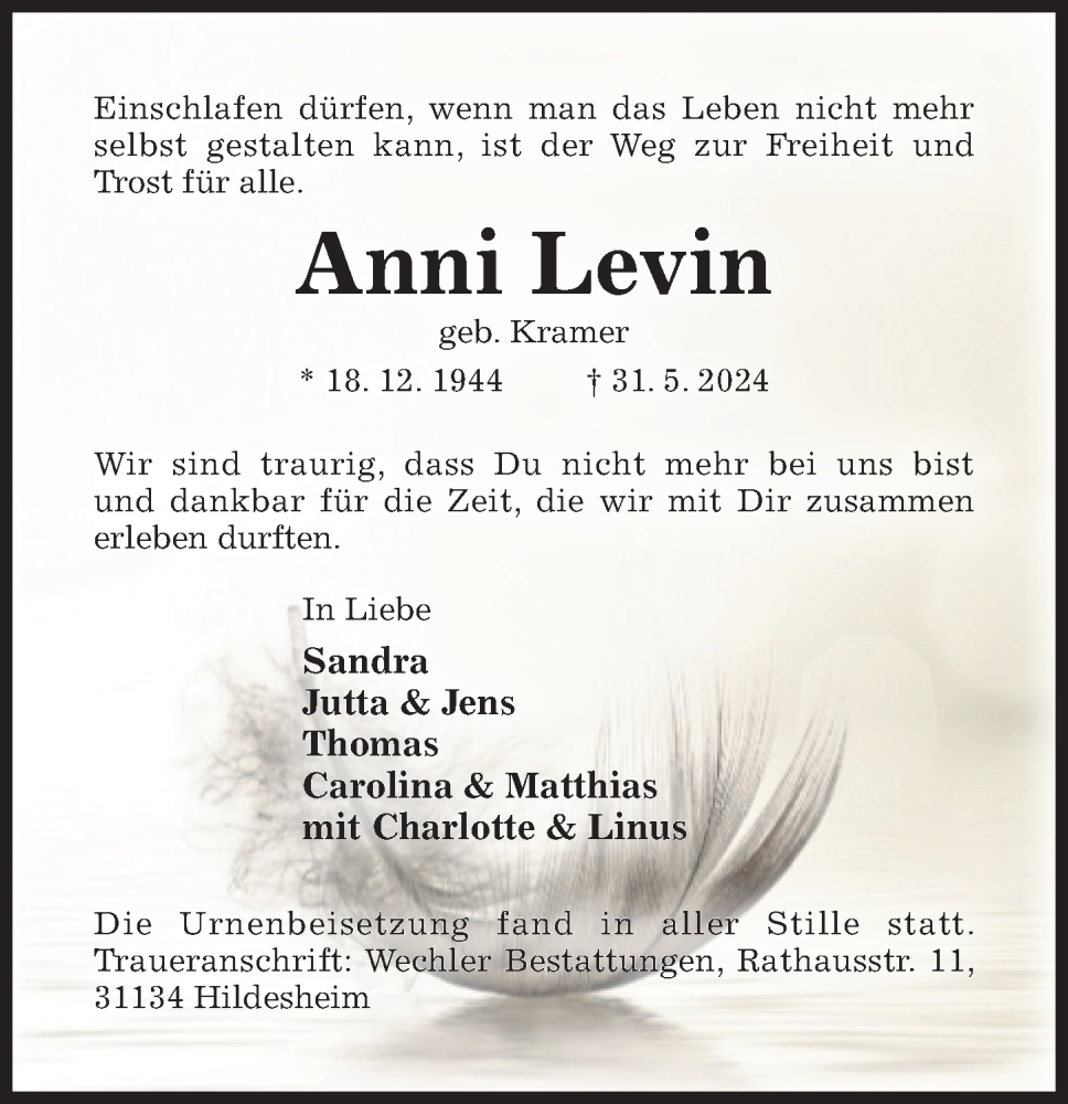  Traueranzeige für Anni Levin vom 26.06.2024 aus Hildesheimer Allgemeine Zeitung