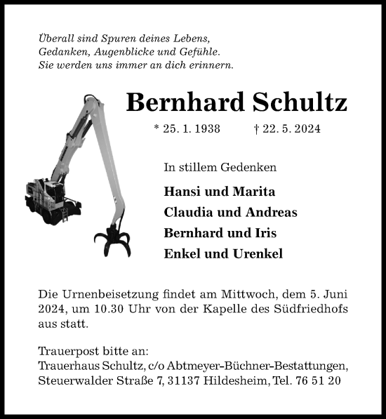 Traueranzeige von Bernhard Schultz von Hildesheimer Allgemeine Zeitung