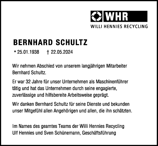 Traueranzeige von Bernhard Schultz von Hildesheimer Allgemeine Zeitung