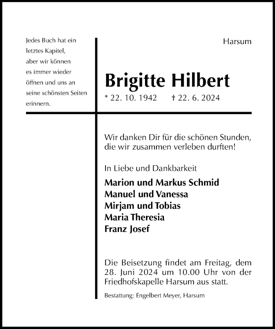 Traueranzeige von Brigitte Hilbert von Hildesheimer Allgemeine Zeitung