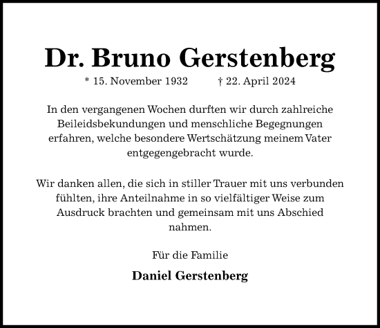 Traueranzeige von Bruno Gerstenberg von Hildesheimer Allgemeine Zeitung