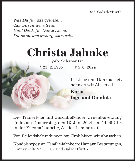 Traueranzeige von Christa Jahnke von Hildesheimer Allgemeine Zeitung