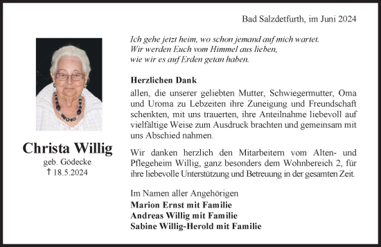 Traueranzeige von Christa Willig von Hildesheimer Allgemeine Zeitung