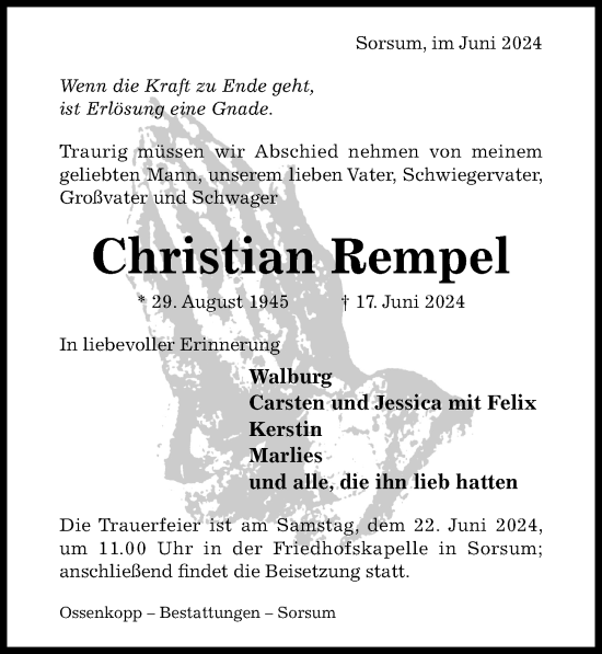 Traueranzeige von Christian Rempel von Hildesheimer Allgemeine Zeitung